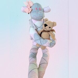 Adorable Pink and Gray Sock Monkey with Teddy Bear